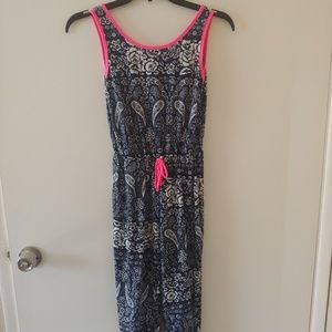 Blue romper w/floral white print and pink details